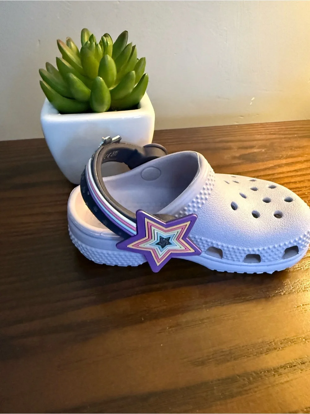 CROCS Kids Classic Clog in Lavender with Navy Strap and Unicorn Charm